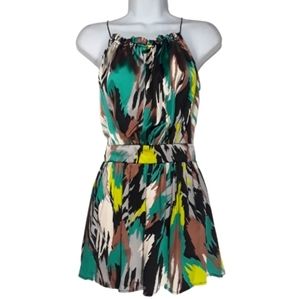 T-BAGS Los Angeles Silk Green Teal Colorful Print Sleeveless Mini Dress XSmall